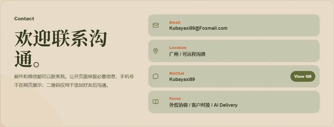 kubayaxi.cn V1 联系板块，展示邮箱、所在地、微信和关注方向