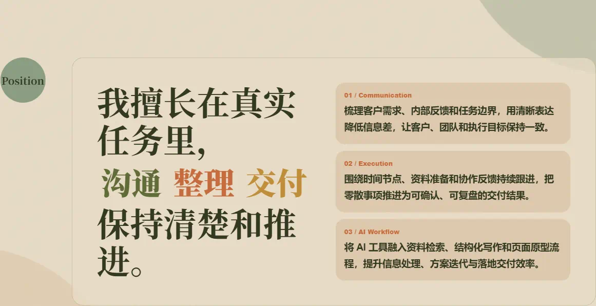 kubayaxi.cn V1 定位板块，展示沟通、整理和交付三项工作重点